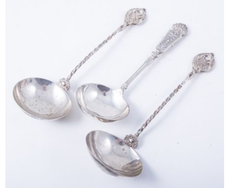 Pair of Maltese silver ladles, 917 standard, rounded bowls, twisted handles, cartouche terminal with Maltese Cross, and anoth