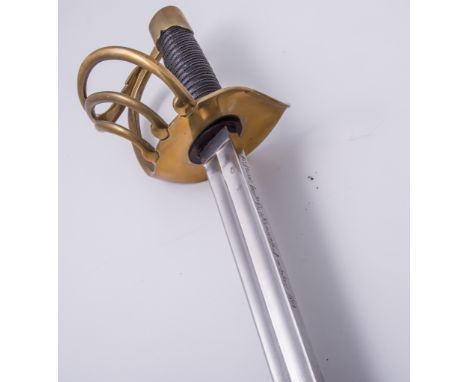 A Napoleonic style French Cuirassier's Cavalry sword, 97cm blade bearing engraving for Klingenthal 1813, three bar hilt beari