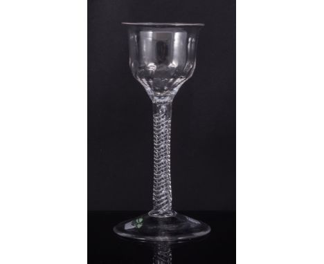 Flared lip ogee bowl wine glass, mid 18th century, the bowl with light spiral moulding, double-series opaque twist stem, 15cm