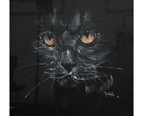 Michele Becker - Regard de chat, portrait of a black cat with amber eyes, watercolour and pencil on paper, signed and dated 9