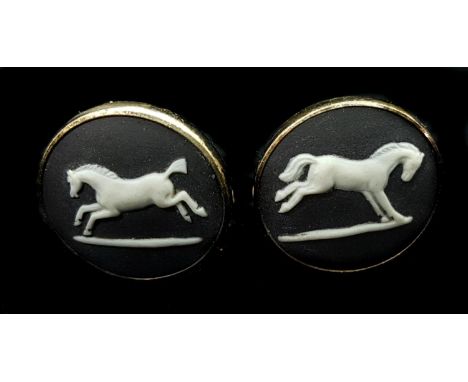 Wedgwood - A pair of silver mounted 'Stubbs Horses' black jasper cufflinks, circular, stamped SILVER over JW and G10 (2) 