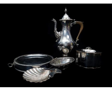 A group of Old Sheffield plate items, comprising: Coffee pot; sweetmeat basket, oval with swing handle; crested scallop form 