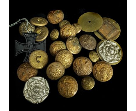 A Quantity of British Army Tunic buttons, including Royal Engineers; sleeve badges in the form of a drum  and English Rose; a
