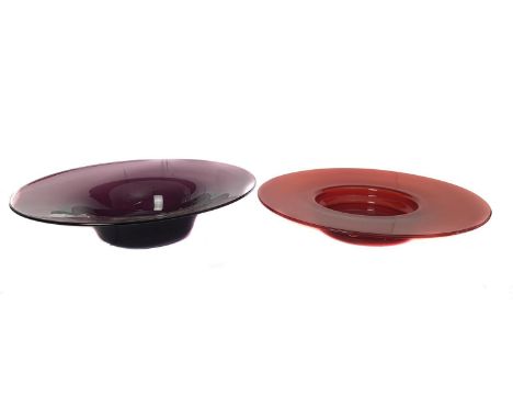 Two Art Glass bowls, of cardinal hat form, of amethyst; and ruby red colour, 31cm and smaller 