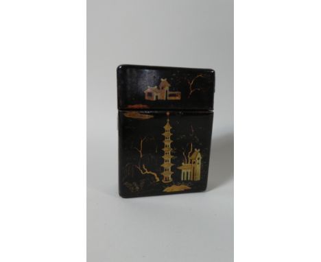 A 19th Century Oriental Lacquered Papier Mache Playing Card Case, 10cm high 