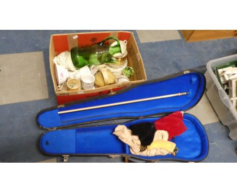 A Box Containing Various Ceramic Teawares, Green Glass Flask, Violin Case Etc