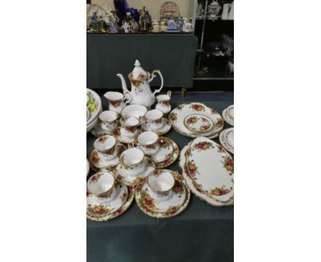 A Collection of Royal Albert Old Country Rose Coffee Wares Comprising Eight Cups and Saucers, Four Side Plates, Coffee Pot, S