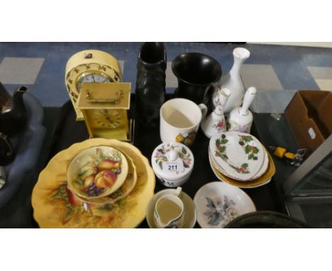 A Tray of Ceramics to Include Aynsley Orchard Gold, Plates, Dishes and Mantle Clock, Corona ware Miniature Sugar Bowl and Cre