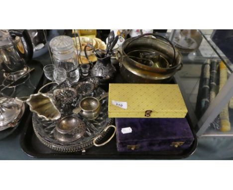 A Tray of Silver Plate Sundries to include Jugs, Egg Cups, Tea Strainers, Silver Handled Button Hooks, Brass Warmers Etc