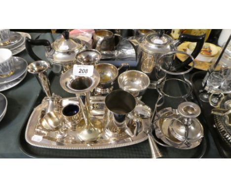 A Tray of Silver Plate to Include Four Piece Tea service, Various Vases, Cruets, Oval Tray, Candle Sticks, Candle Snuffer etc