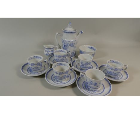 A Furnivals Quail Pattern Blue and White Coffee Set Comprising Six Cans and Saucers, Coffee Pot, Sugar Bowl and Cream Jug 