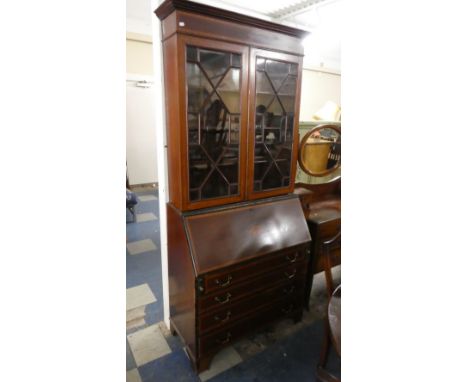 A Late 19th Century Astragal Glazed Bureau Bookcase, The Fall Front with Shell Inlay and Base with Four Long Drawers, Fitted 