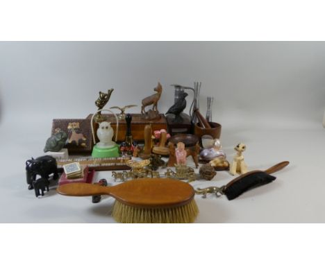 A Tray of Curios to Include Border Fine Arts Grouse, Small Brass Hand Bell, Animal Ornaments, Decorated Shelves, Treen Boxes,