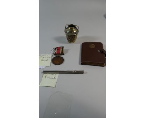 A Collection of Curios to Include Special Constable Medal, Enamelled Two Handled Vase, Mercury Thermometer and 1959 Diary