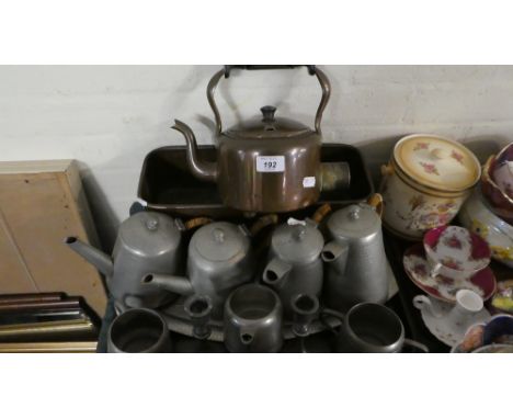 A Collection of Metal Wares to Include Copper Planter, Copper Electric Kettle, Pewter Tea Service, Pewter Candle Sticks