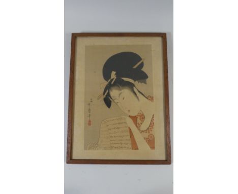 A Framed Oriental Woodblock Print Depicting Maiden Reading Scroll, 38cm high 