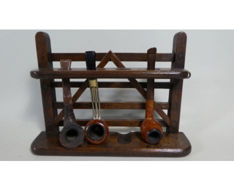 A Edwardian Oak Novelty Pipe Rack in the Form of a Four Bar Gate Together with Three Vintage Pipes, 24.5cm Long  