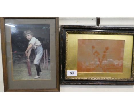 A Framed French Crayon Study of a Tree Lined Lane and a Pears Print of a Young Cricketer  