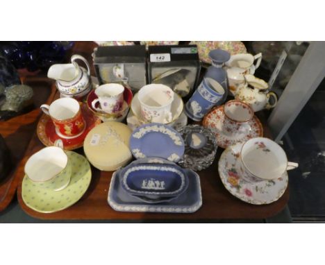 A Tray Containing Various Wedgwood, Crown Derby, Spode Coffee Cans and Saucers, Wedgwood Jasperware, Wild Strawberry Miniatur