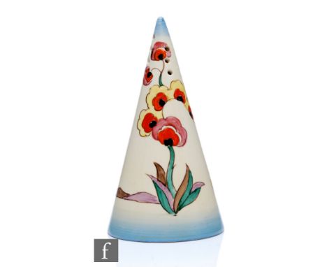 Clarice Cliff - Agave - A conical sugar sifter circa 1936, hand painted with a flowering plant to a landscape between graduat