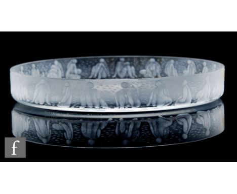 Ingeborg Lundin - Orrefors - A post war glass bowl of shallow circular section, the exterior wall engraved with stylised nude