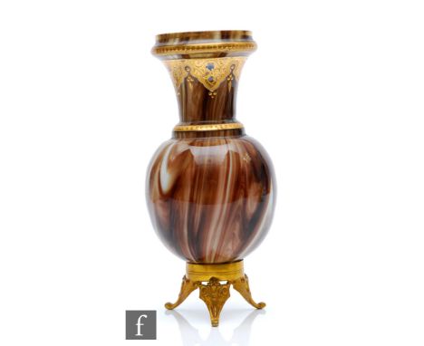 Loetz - A late 19th Century Onyx glass vase, circa 1887, of ovoid form with flared neck, gilt and enamel decorated with flowe