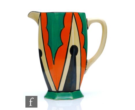 Clarice Cliff - Keyhole - An Athens shape jug circa 1930, hand painted with a repeat black Keyhole pattern with orange and gr
