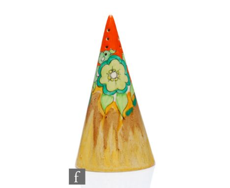 Clarice Cliff - Jonquil - A conical sugar sifter&nbsp;circa 1933, hand painted with stylised flowers and foliage over a Delec