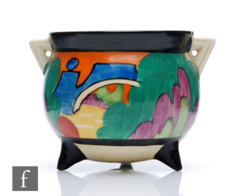 Clarice Cliff - Applique Avignon - A cauldron circa 1930, hand painted with a stylised garden scene with bridge over a lake w