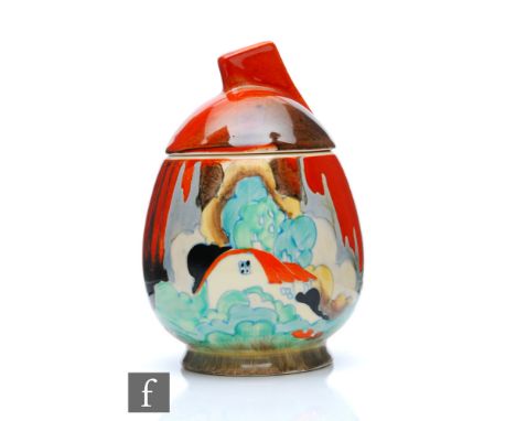 Clarice Cliff - Forest Glen - A Daffodil preserve pot and cover circa 1936, hand painted with a stylised tree and cottage lan