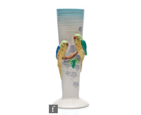 Clarice Cliff - Love Birds - A shape 840 vase circa 1938, of footed sleeve form relief molded with two birds resting on a bou