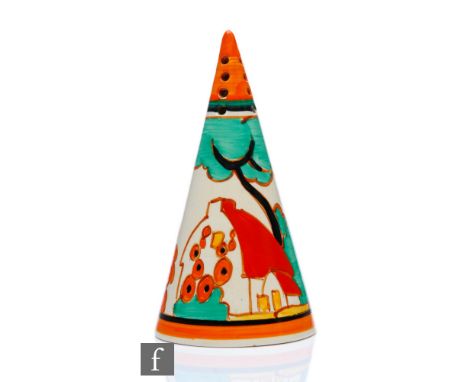Clarice Cliff - Red Roofs - A conical sugar sifter circa 1932, hand painted with a stylised tree and cottage landscape with o