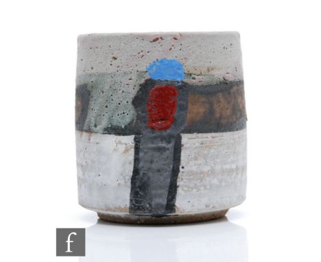 Robin Welch -&nbsp;A contemporary studio pottery vase of footed cylindrical form with a rough textured ground decorated with 