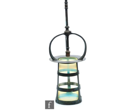 Unknown - An early 20th Century Arts and Crafts copper hall lantern of cylindrical form with internal vaseline glass shade wi