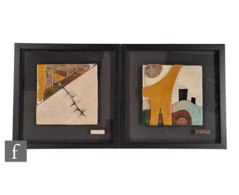 Unknown - Two contemporary ceramic square tile plaques, the first decorated with a sliced section with curled edges and a geo