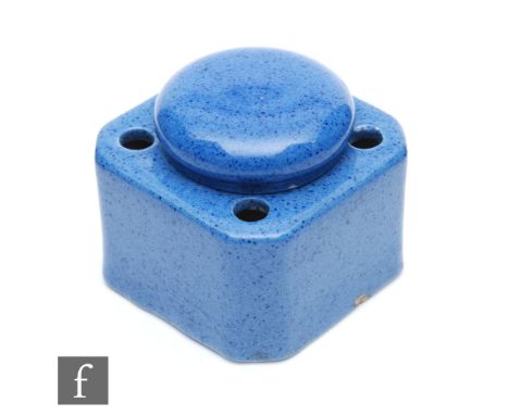 William Moorcroft - A Powder Blue inkwell of square form with four dip pen holders and a central well with domed cover, Moorc