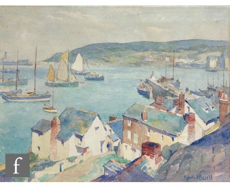 Gyrth Russell (1892-1970) - 'Newlyn Harbour', watercolour, signed, framed, 29cm x 38cm, frame size 52cm x 60cm. NB - This lot