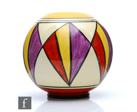 Clarice Cliff - Original Bizarre - A shape 370 globe vase circa 1930, hand painted with panels of interlocking triangles in p