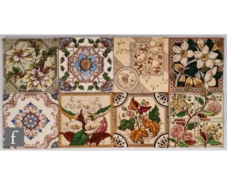 Various - Eight late 19th Century 6 inch printed and tinted dust pressed tiles decorated with floral designs, makers to inclu