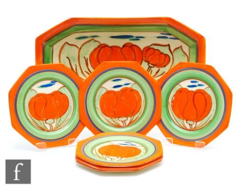 Clarice Cliff - Orange Lily - A complete sandwich set circa 1929, comprising a shape 334 sandwich tray and six matched octago