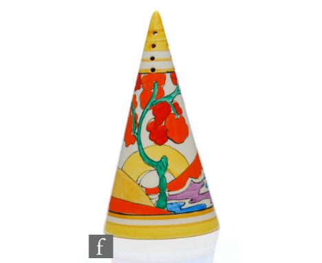 Clarice Cliff - Bridgewater - A conical sugar sifter circa 1934, hand painted with a stylised tree and river landscape betwee