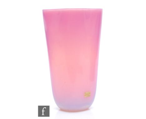 Archimede Seguso - A post war 1950s glass vase of tapered and rounded square section, cased in a graduated opal over pink, re