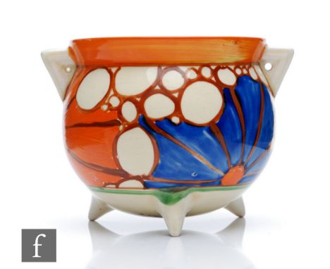 Clarice Cliff - Broth - A cauldron circa 1929, hand painted with panels of stylised starburst motifs with circles with orange