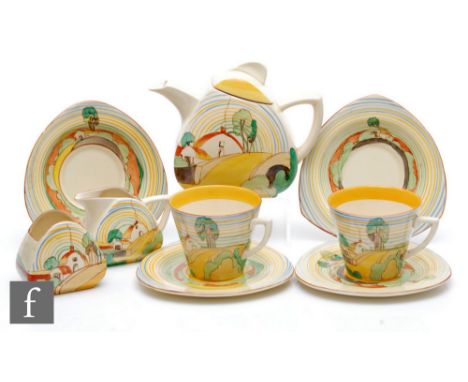 Clarice Cliff - Brookfields - A Trieste shape early morning breakfast set circa 1935, comprising teapot, milk, sugar, two cup