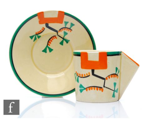 Clarice Cliff - Ravel - A conical shape coffee can and saucer circa 1930, hand painted with an abstract spray to the shoulder