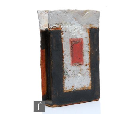 Robin Welch -&nbsp;A contemporary studio pottery vase of rectangular form, with a rough textured ground decorated with tonal 