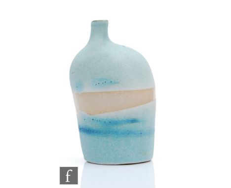 Kirsti Brown - A small contemporary studio pottery bottle vase of compressed shouldered form with narrow bottle neck, decorat