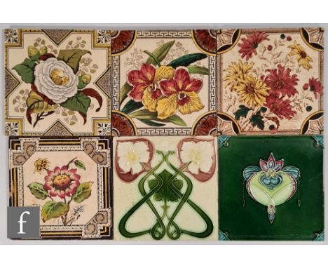 Elijah Birch / Birch Tile Company - Six assorted late 19th to early 20th Century 6 inch tiles to include moulded Art Nouveau 