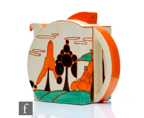 Clarice Cliff - Orange Trees &amp; House - A large size Stamford teapot for six circa 1930, hand painted with a stylised tree