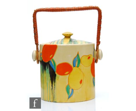 Clarice Cliff - Delecia Citrus - A Hereford shape biscuit barrel circa 1932, hand painted with stylised fruit and foliage abo